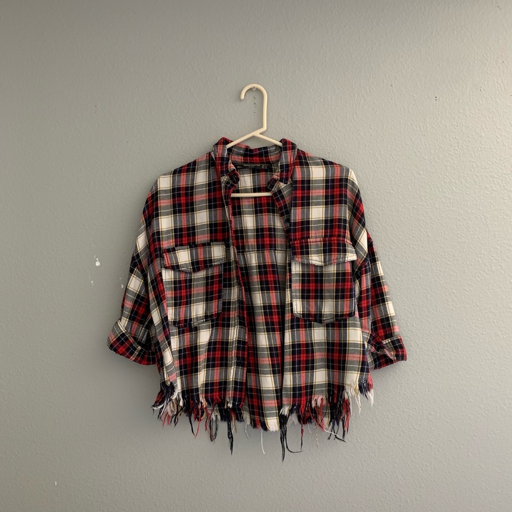 Zara Distressed Plaid Button Up Flannel Top